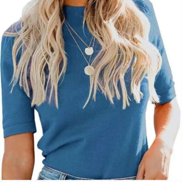 LIYOHON Womens Tops Casual Mock Turtleneck Short Sleeve T Shirts-Blue - Picture 1 of 3